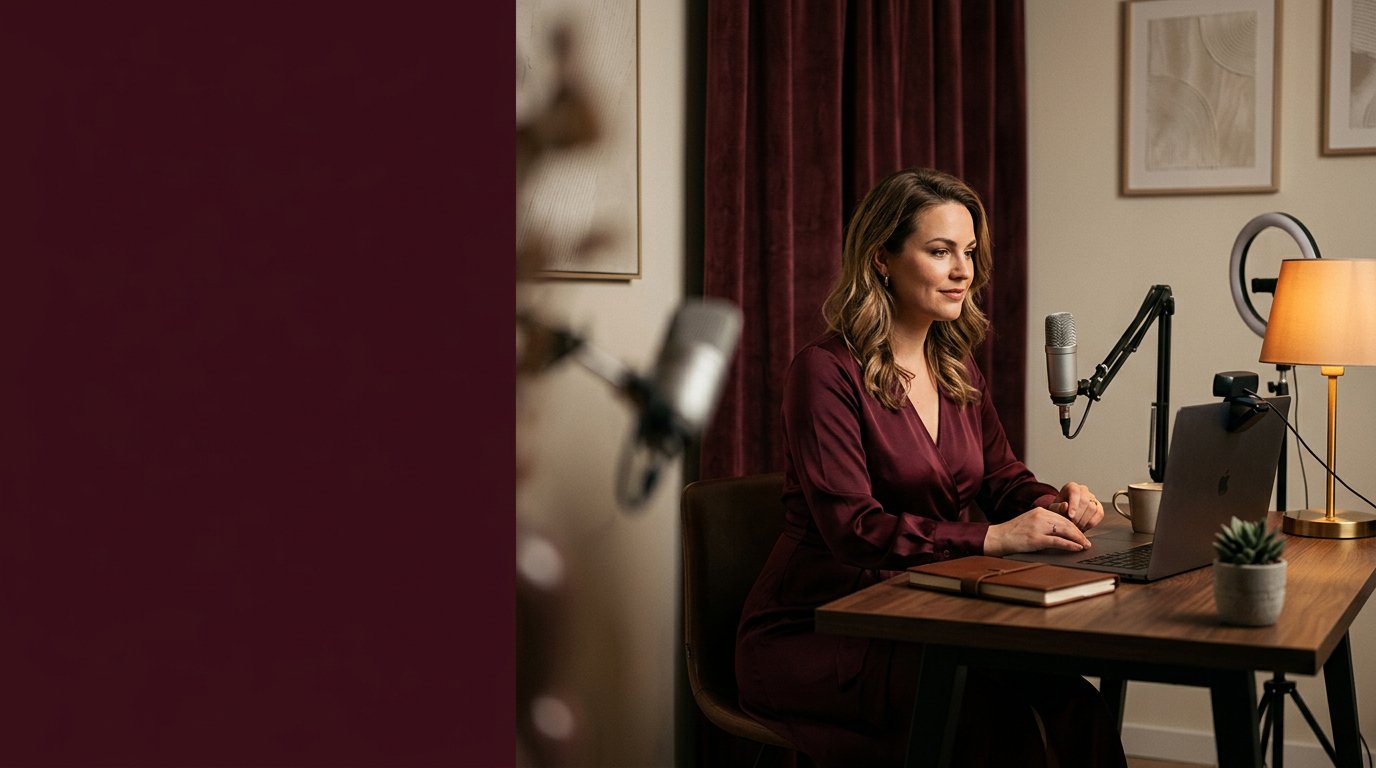 Volwassen creator in een elegante, sfeervol verlichte thuisstudio met laptop en microfoon