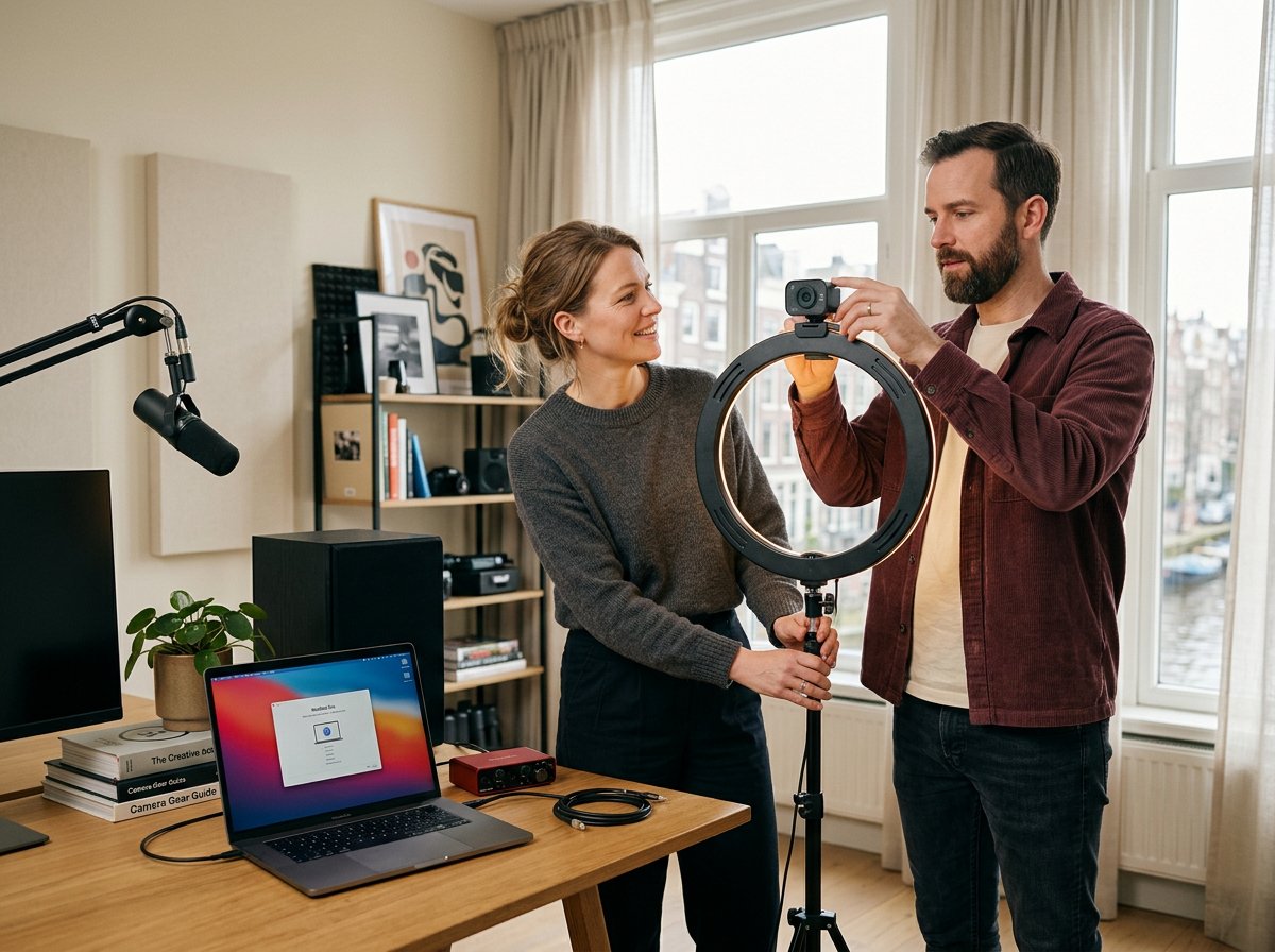 Volwassen koppel stelt samen een webcam en ringlamp af in een thuisstudio