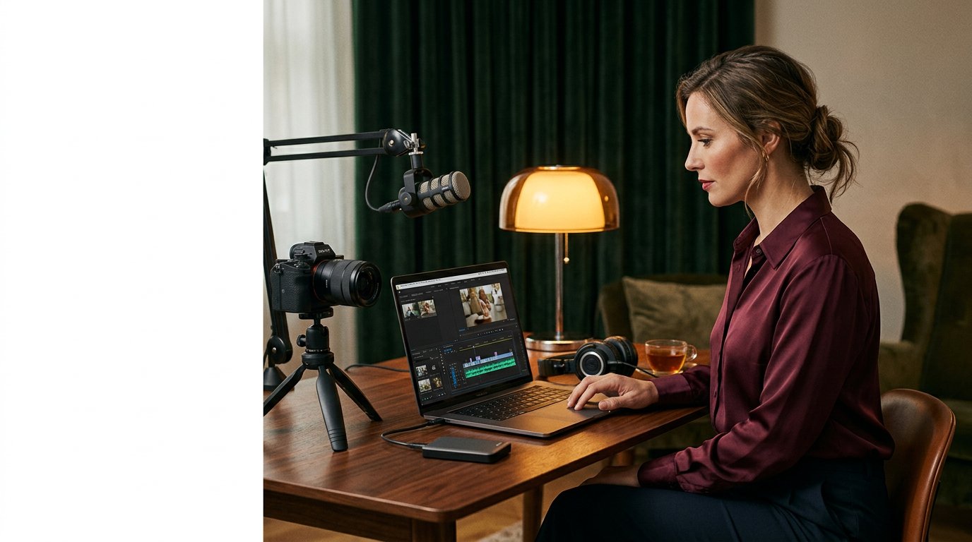 Volwassen creator monteert videocontent in een thuisstudio