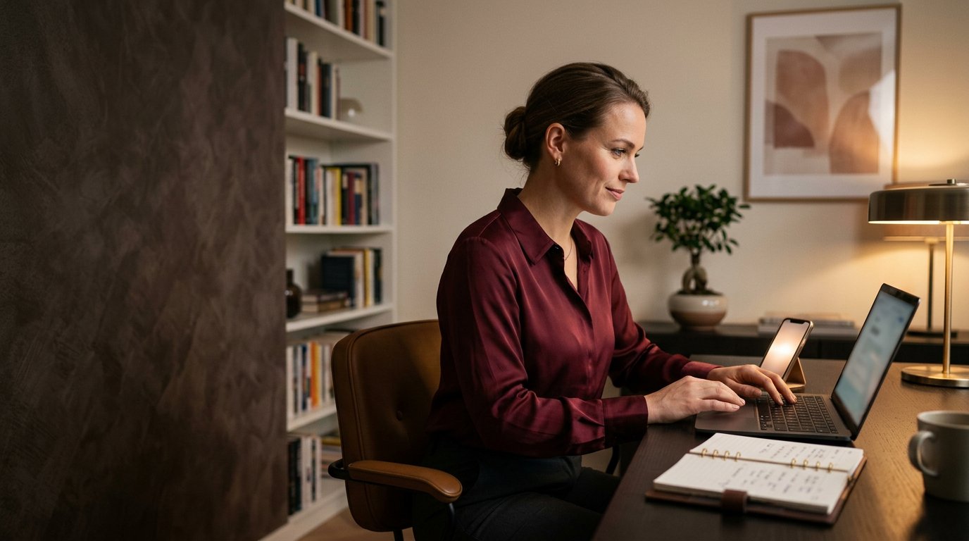 Volwassen creator werkt aan abonnementscontent vanuit een stijlvolle thuisstudio
