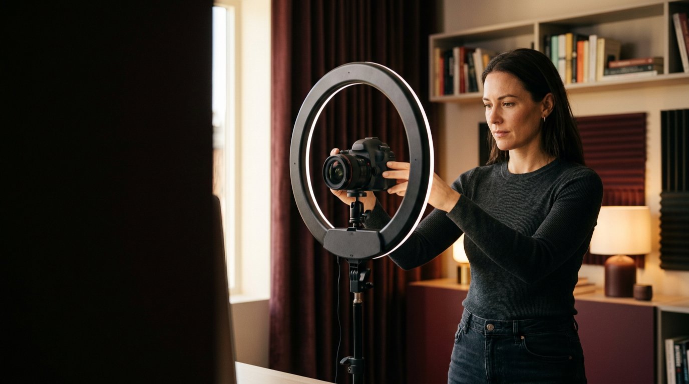 Volwassen creator stelt camera-apparatuur af in een professionele thuisstudio
